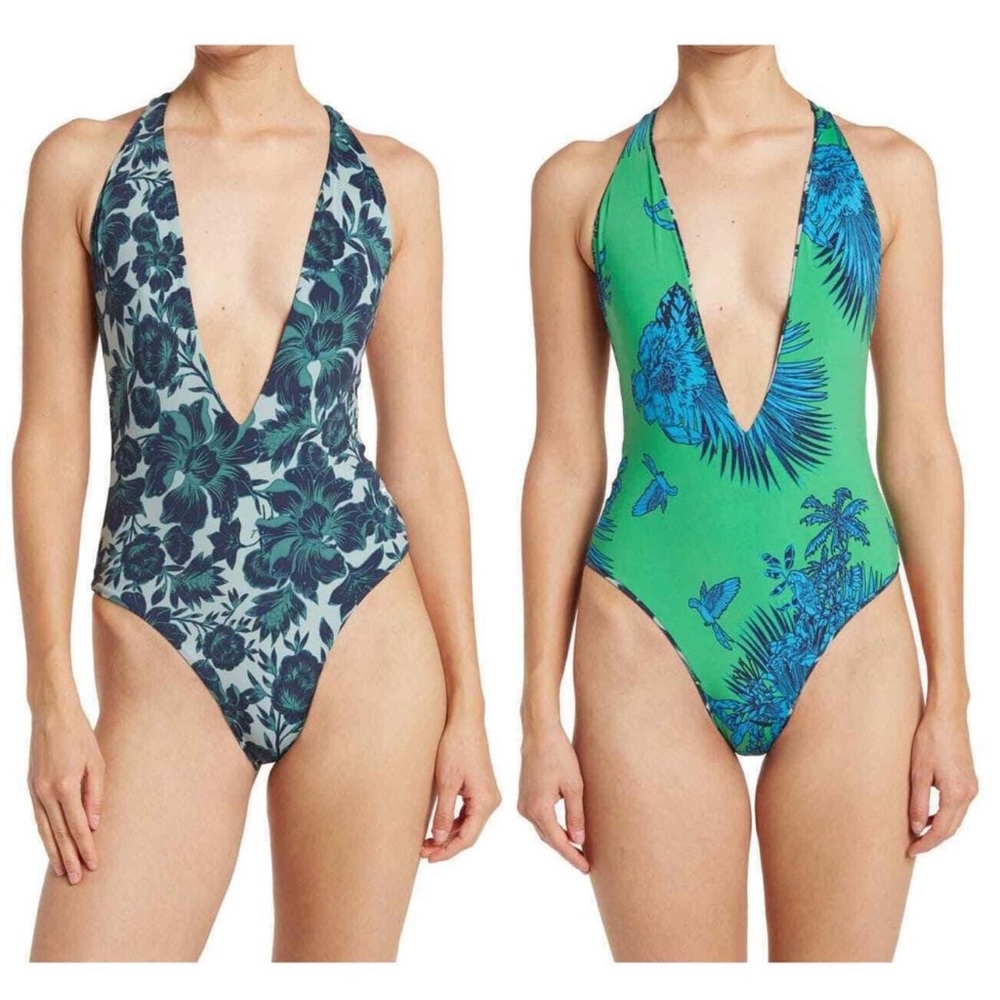 Maaji Mulberry Tiki One Piece Swimsuit Reversible Plunge Low T-Back SZ L